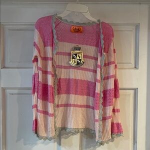 Juicy Couture Pink and Cream Lace-Trim Cardigan